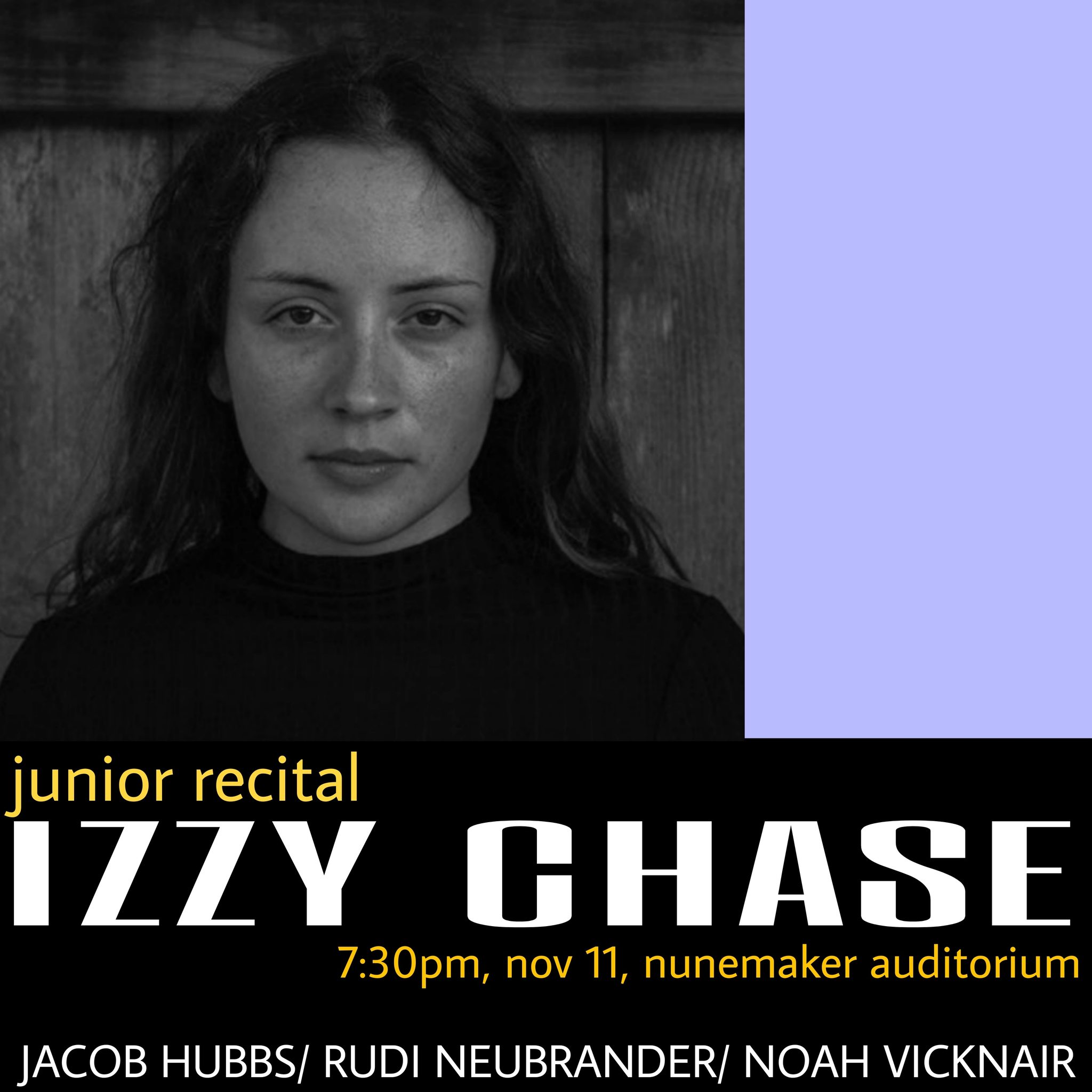 A headshot of Izzy Chase with text outlining the details of the concert.