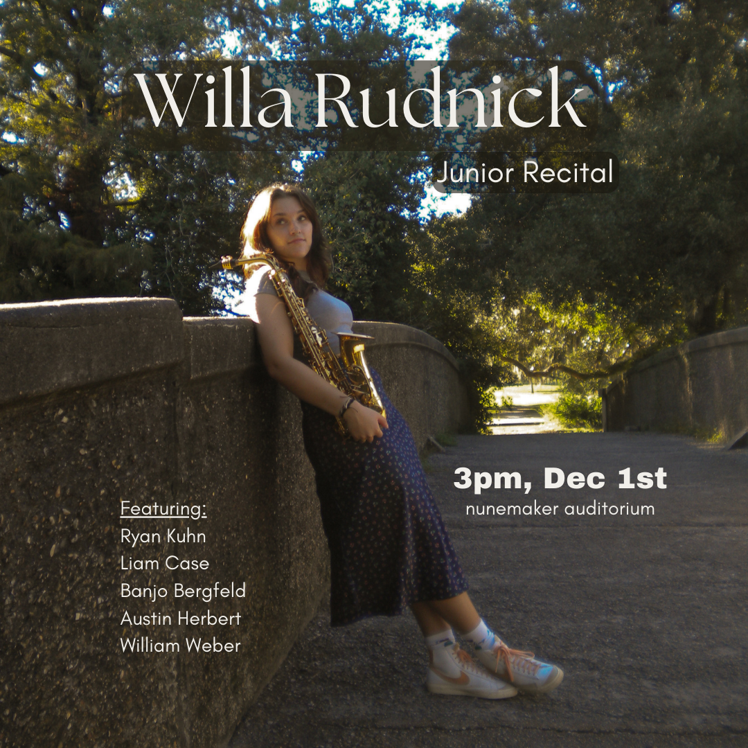 A photo of Willa Rudnick, overlaid with text detailing the event.